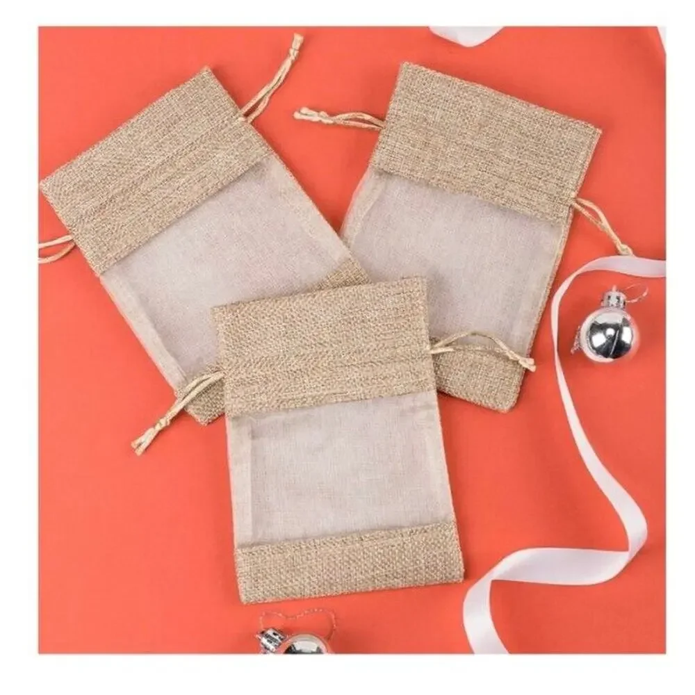 12 Pack Burlap Drawstring Gift Bags Organza Treat Bag Pouch Wedding 5x7 Window